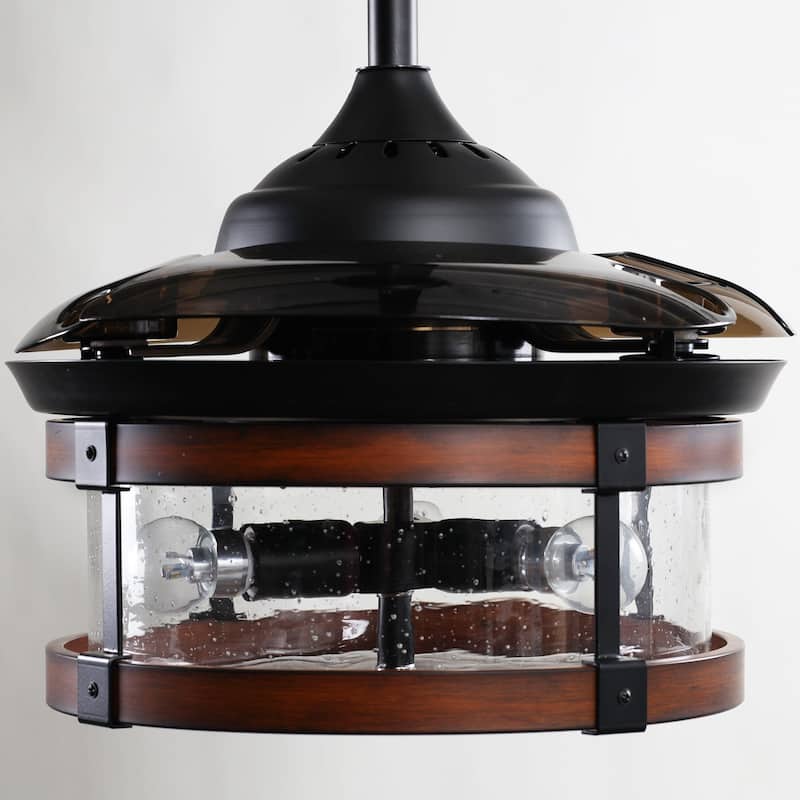 Industrial 3-Blade 3-Light Black and Brown Retractable Caged Ceiling Fan with Light Kit and Remote - 36 Inches