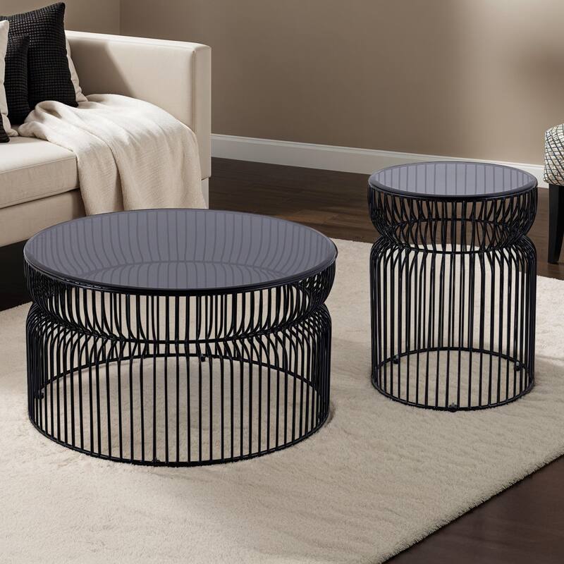 Modern Contemporary Metal Nested Base And Tinted Tempered Glass Top Material Round Coffee Table