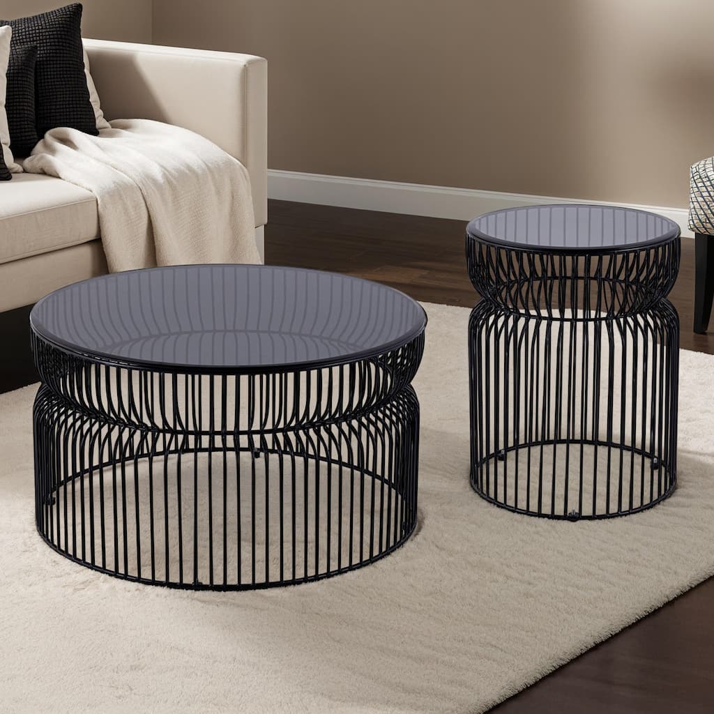 Modern Contemporary Metal Nested Base And Tinted Tempered Glass Top Material Round Coffee Table