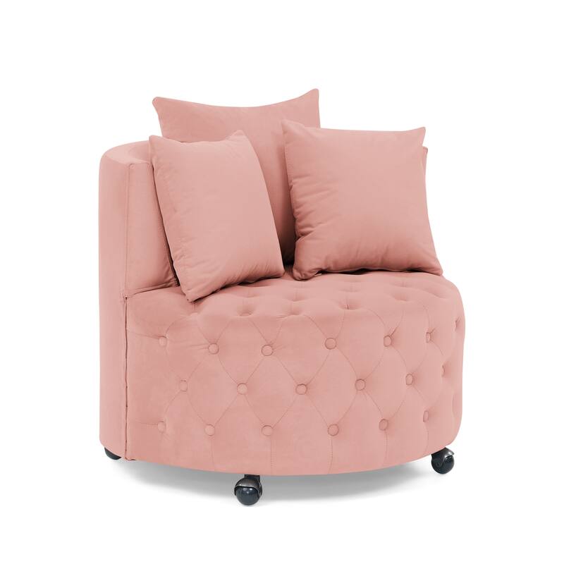 Roomfitters Velvet Swivel Chair with Tufted Button Design, Round Accent Chair with 3 Pillows and Wheels, Lounge Seating
