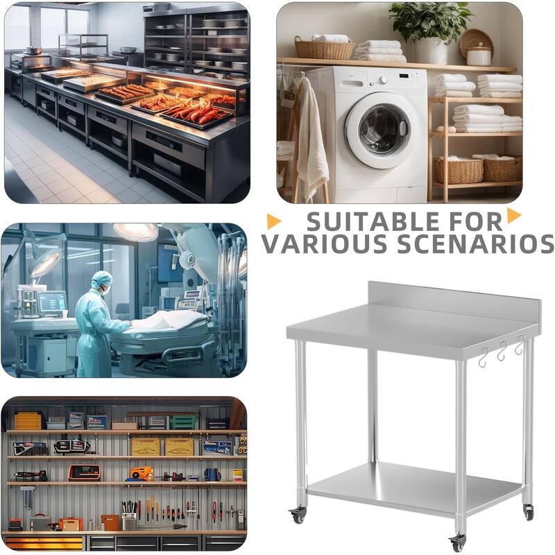 AECOJOY Stainless Steel Table with Wheels, Backsplash and Knife Blocks Prep Tables for Kitchen Steel Countertop Workbench