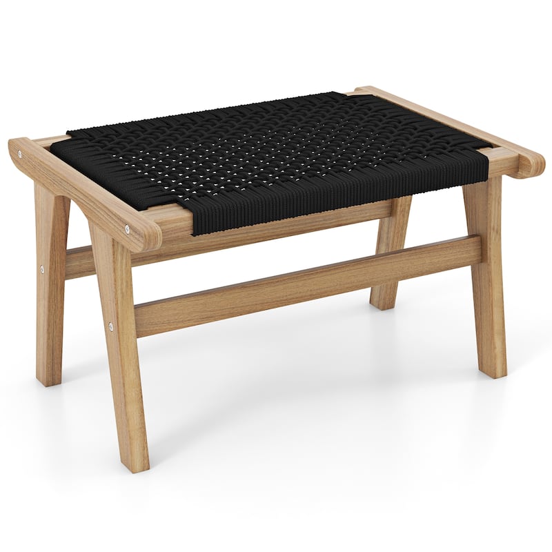 Gymax Teak Ottoman Footstool w/ Handwoven Cordage for Patio Porch - Natural, Black - Small