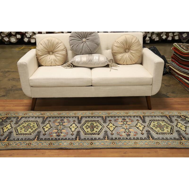 Hand Knotted Oriental 100% Wool Carpet Traditional Geometric Greys & Charcoal Viss Runner Rug - 7' 9'' X 2' 7''