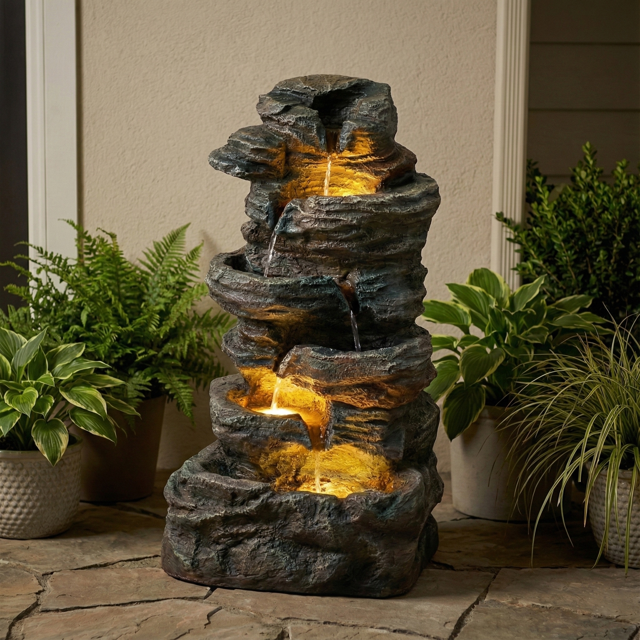 GDFStudio - Modern 35" H Outdoor/Indoor 6-Tier Freestanding Cascading Garden Fountain, LED Lights & Natural Rock Design