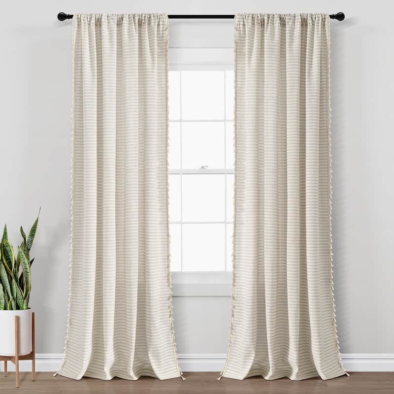 Lush Decor Boho Coastal Horizontal Ticking Stripe Tassel Window Curtain Panels - 84" x 52" - Neutral