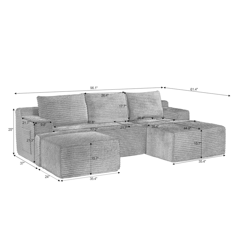 Corduroy Upholstery Cloud Modular Sectional Sofa with Chaise and Pillows, All-Foam Compression Design