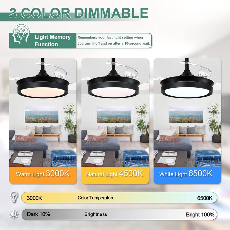 Cusp Barn 36 Inch Retractable Ceiling Fan with Lights, Modern 6 Speeds Silent DC Motor Fandelier Ceiling Fan for Bedroom