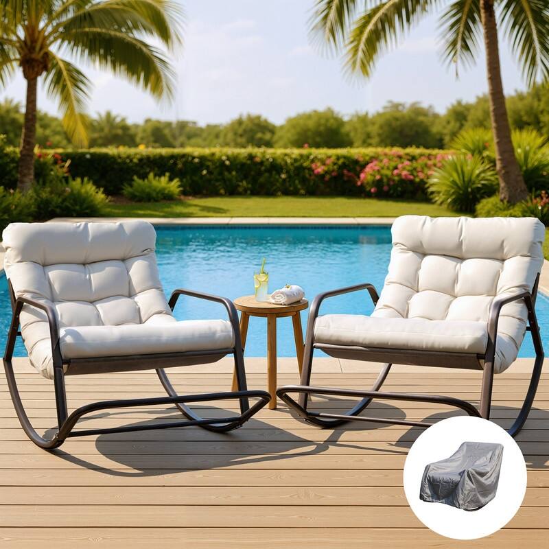 Outdoor Oversized Rocking Lounge, 450 lbs Patio Rocker Recliner Chair, Papasan Rocking Chair, Large Lounge Rocker - 2 PCS-Beige