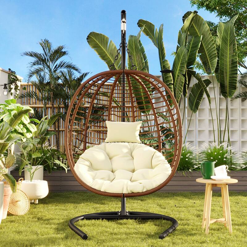 Single Person Folding Wicker Hammock Swing Chair with Adjustable Anti-Slip Feet - Brown