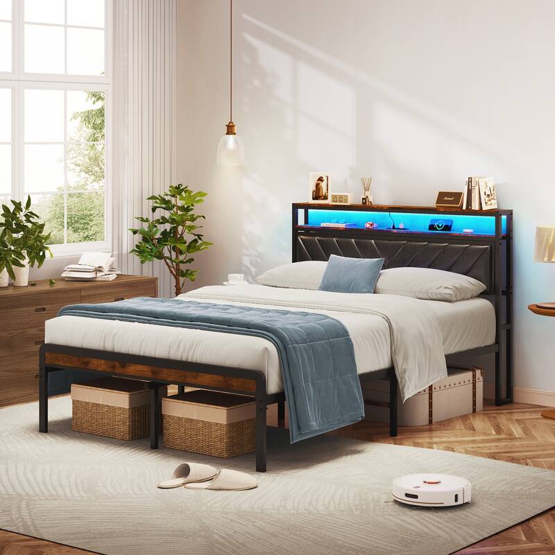 Metal Platform Bed Frame with Adjustable Upholstered Headboard, Charging Station, LED Lights, Noiseless - Brown