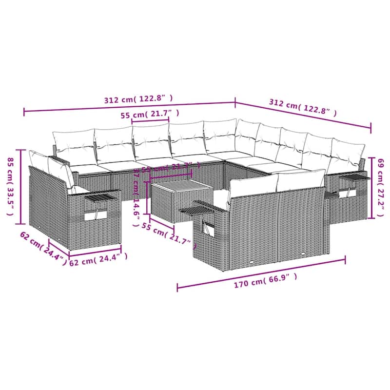 vidaXL Garden Sofa Set 14 Piece with Cushions Outdoor Sofa Set Poly Rattan