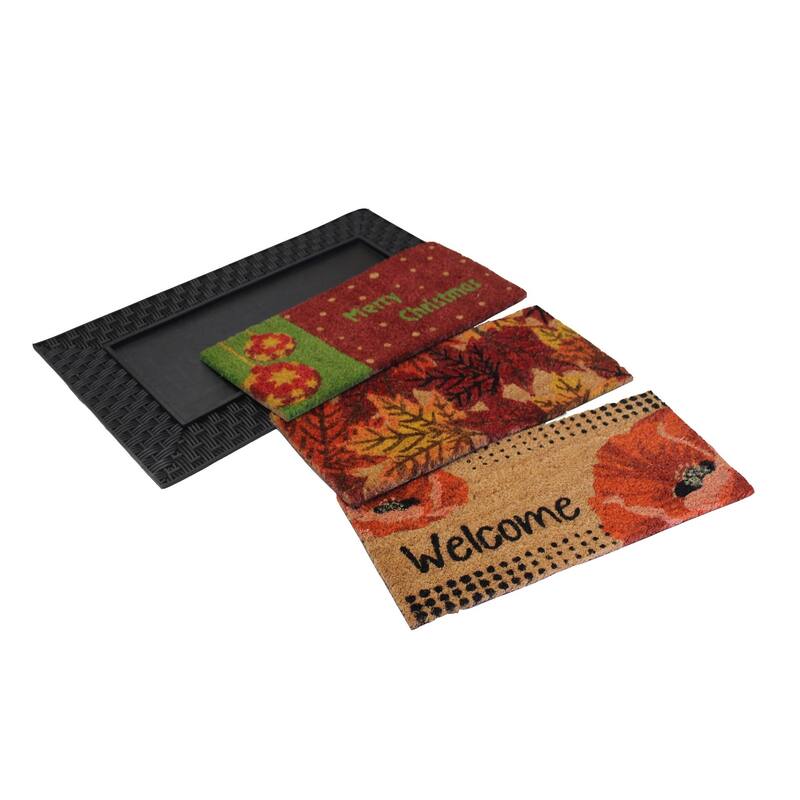 Seasonal Outdoor All Weather Doormat Set includes 3 interchangeable mats & one tray