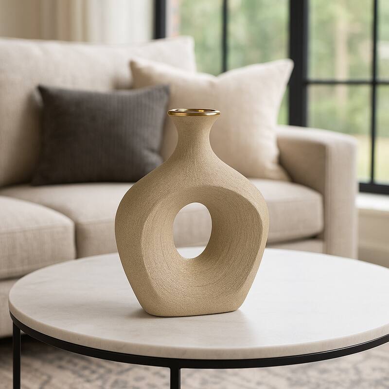 Modern Ceramic Textured Oval Cut-Out Vase - Home Decor - 13"