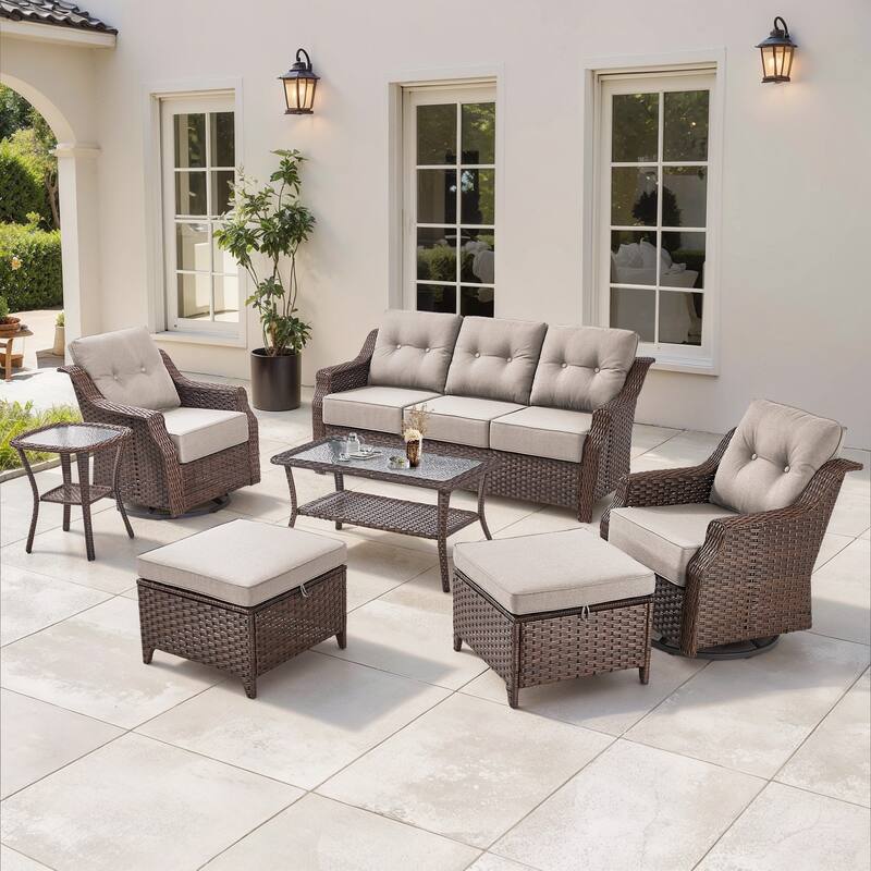 Gymojoy Wicker Patio Furniture Sofa Set, 6-Inch Ultra Thick Cushioned 360°Swivel Glider Chairs & Sofa Set - Brown Wicker / Beige Cusion - 7-Piece with Ottomans