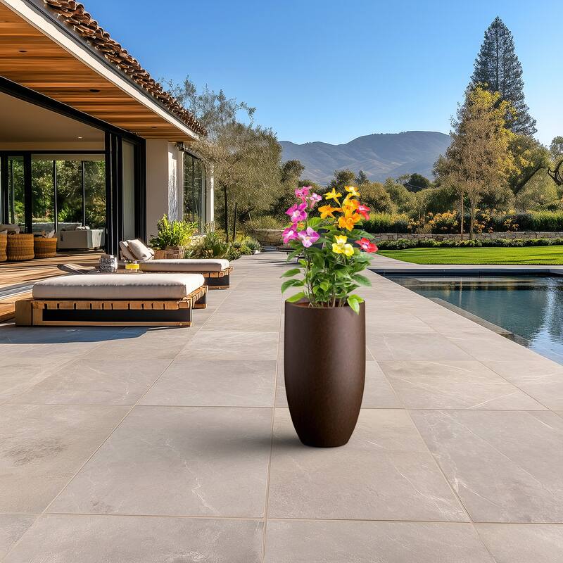 Textured Granite Gray Tall Concrete Round Plant Pots / Large Indoor and Outdoor flower Planters (13.5 Inch x 24.5 Inch)