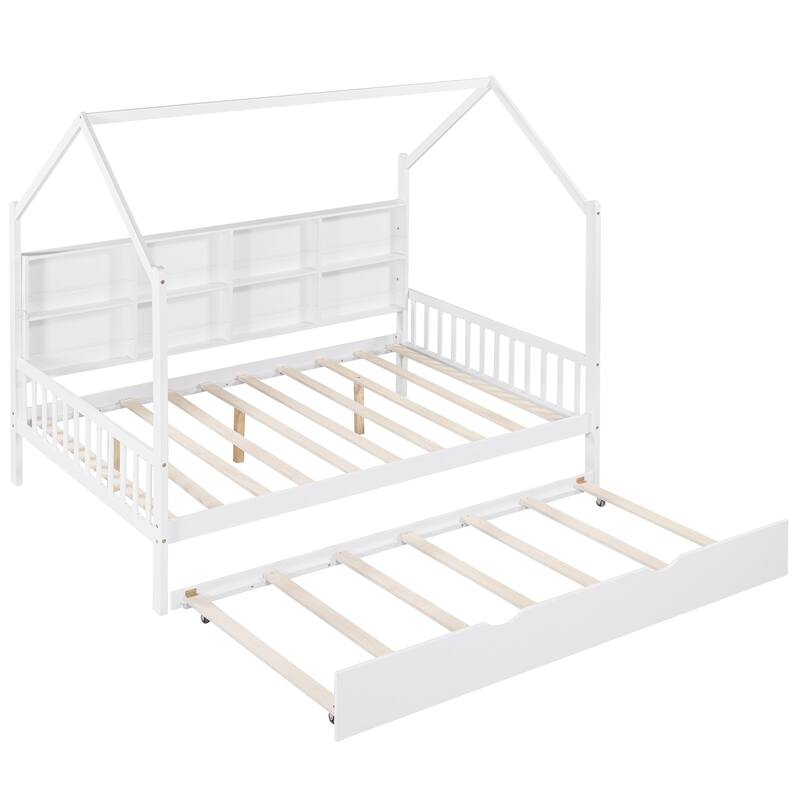 Full Size Wooden House Bed with Trundle and Shelf for Kids, White