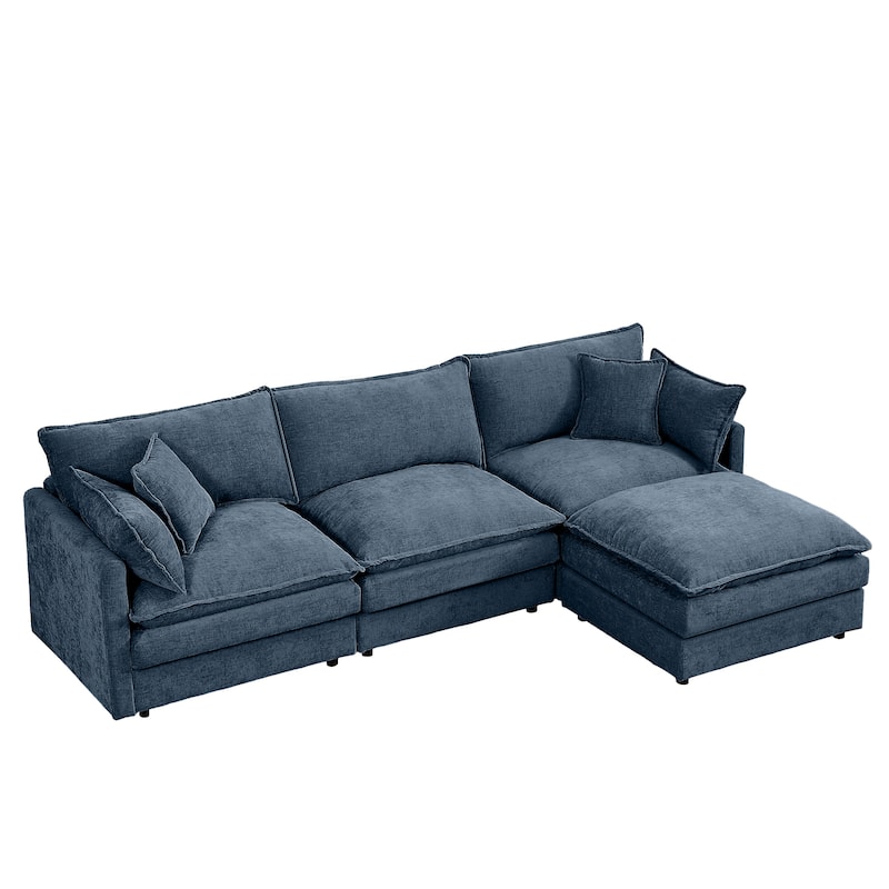 L Shaped Modular Sectional Sofa with Ottoman, Comfy Chenille Upholstered Cloud Couch, 4-Seat Deep Seat Sofa with Pillow