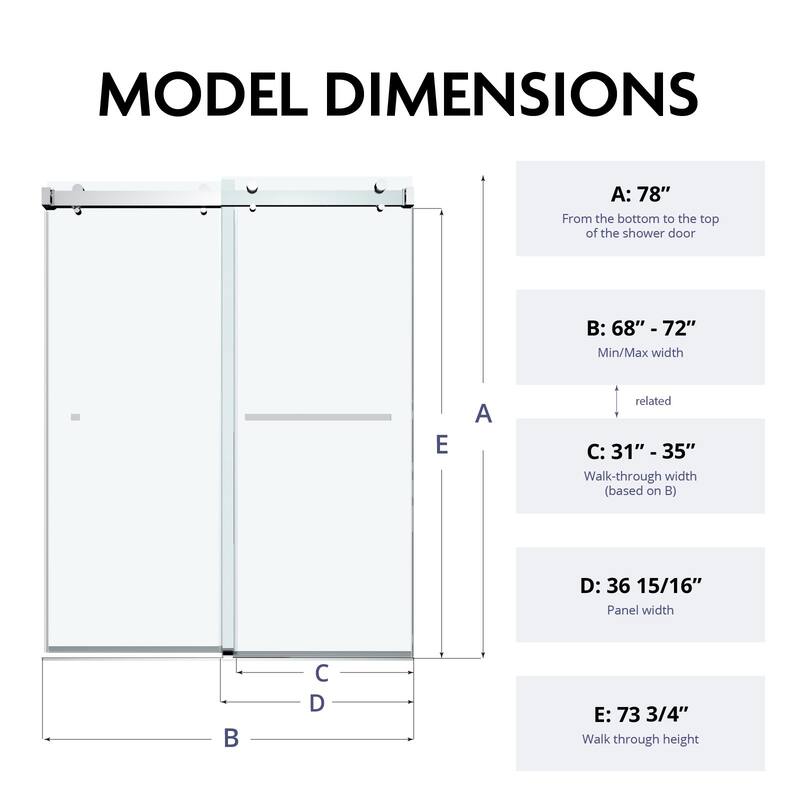 VS Series 68" - 72" W X 78" H Soft Closing Frameless Double Sliding Shower Doors With 3/8" Tempered Clear Glass