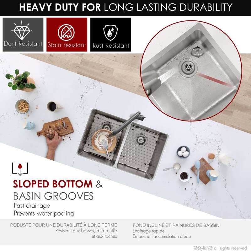 STYLISH Dual Mount 31" Double-Bowl Stainless Steel Kitchen Sink with Grids and Strainers S-401G - 31" x 18" x 9"