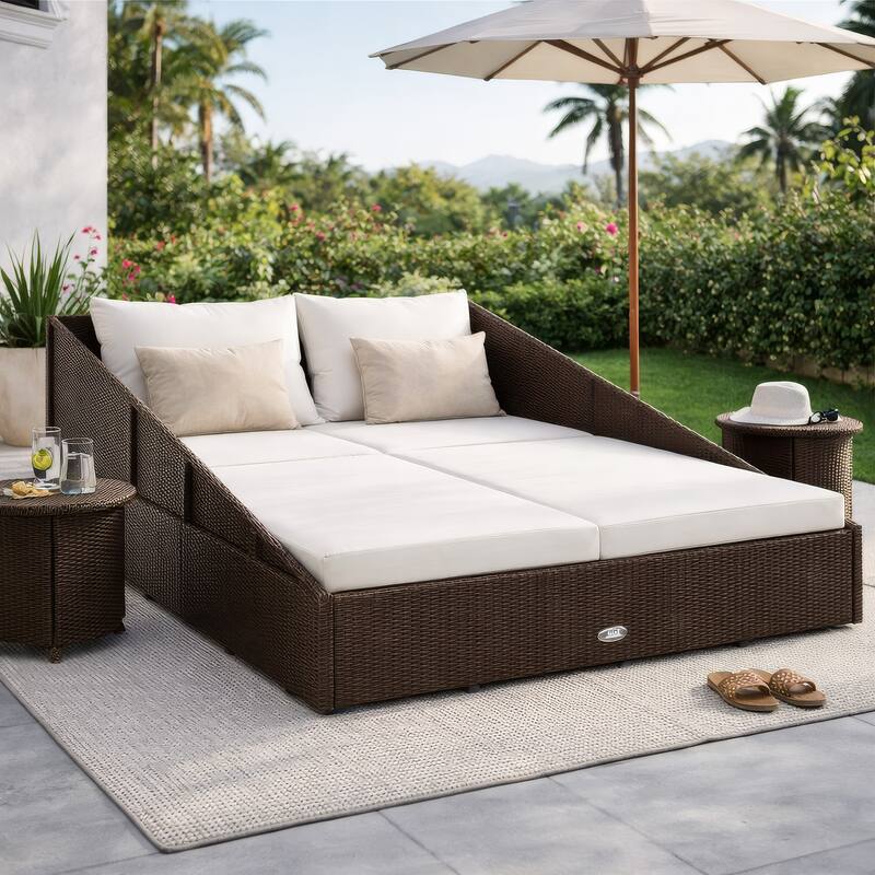 Garden Outdoor Daybed, White Polyester Cushions, Brown Poly Rattan