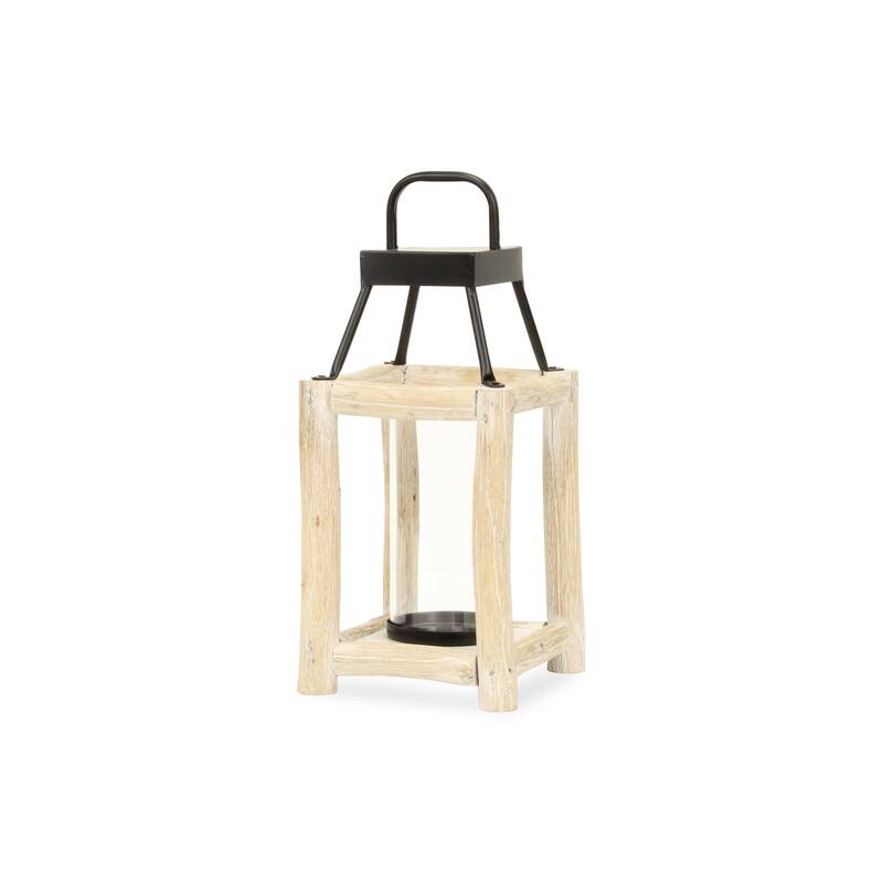 15" Natural And Black Glass Metal And Wood Tabletop Lantern Candle Holder - Small