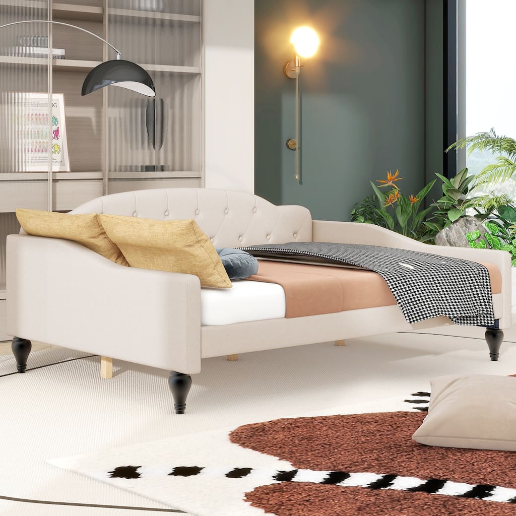 Beige Modern Full Size Upholstered Wood Daybed with Multifunctional Design