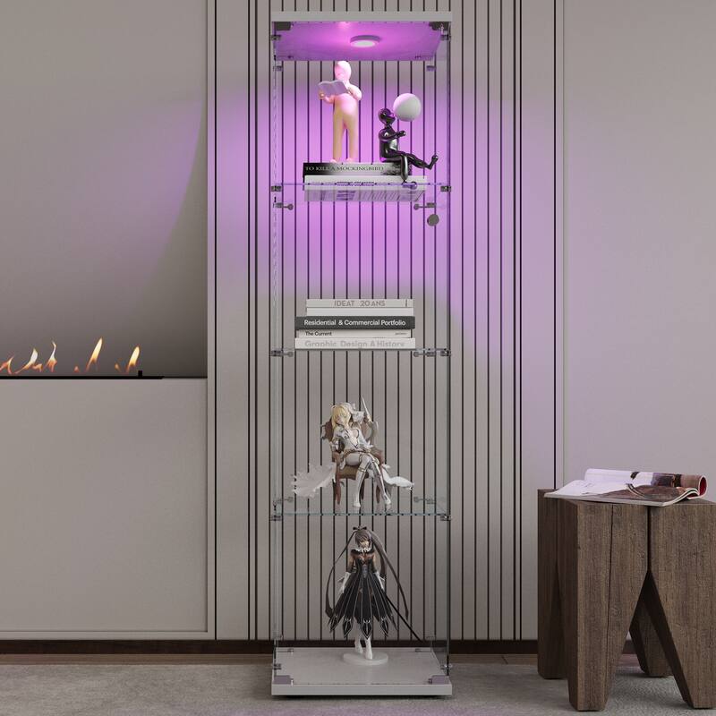 LED lights Glass Display Cabinet 4 Shelves with Door, Floor Standing Curio Bookshelf - White