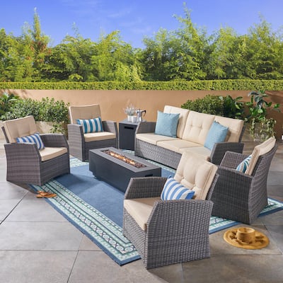 Sanger Outdoor 7 Seater Wicker Chat Set with a Fire Pit by Christopher Knight Home