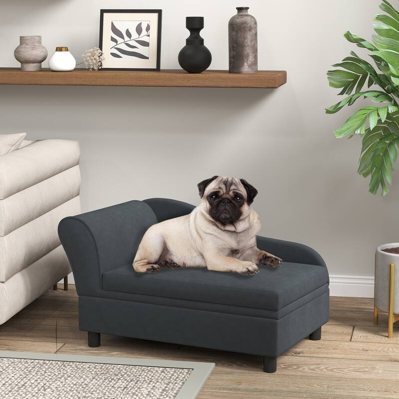 Faux Linen Pet Sofa with Storage Small Dog Couch with Thick Tufted Cushion Backrest and Armrests for Dogs - Dark Grey