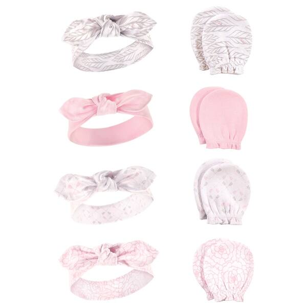 slide 1 of 1, Hudson Baby Infant Girl Cotton Headband and Scratch Mitten Set, Gray Feather, 0-6 Months - Gray Feather Gray Feather - 0-6 Months