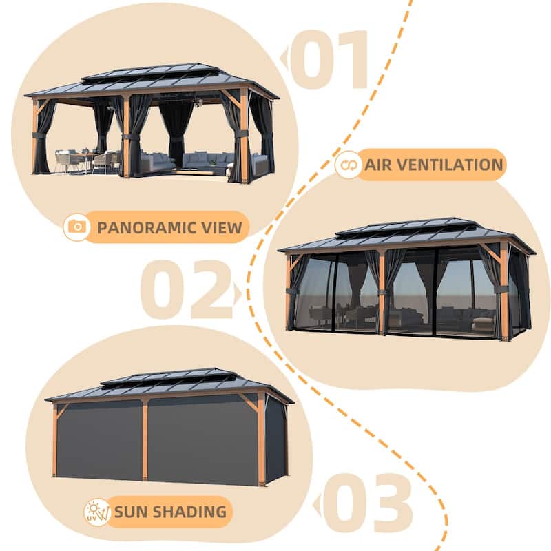 EROMMY Outdoor Wood Gazebo with Double Polycarbonate Roof, Heavy Duty Backyard Patio Pergola Canopy for Garden Shade