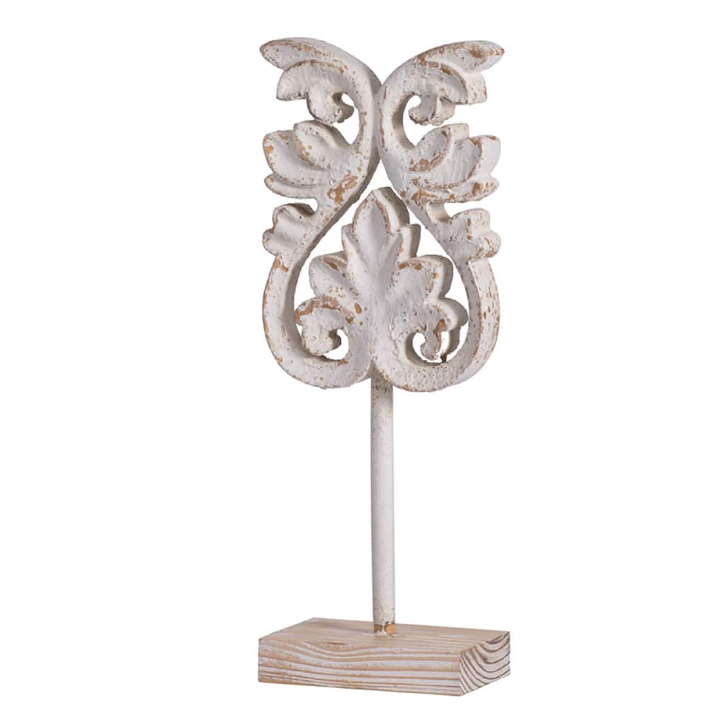 Awan Tabletop Decor, Fleur Scrollwork w Base Stand, White, Brown Wood 17 Inch