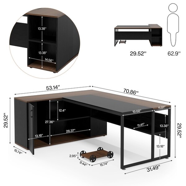 71 inch L Shaped Executive Desk with Cabinet, Corner Computer Desk