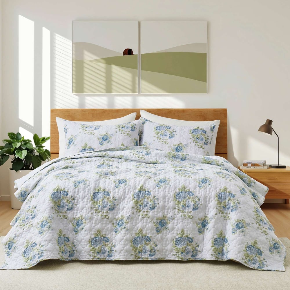 3 PCS Printed Coverlet Set Floral Geometric Bedspread Reversible Quilt and Shams Set