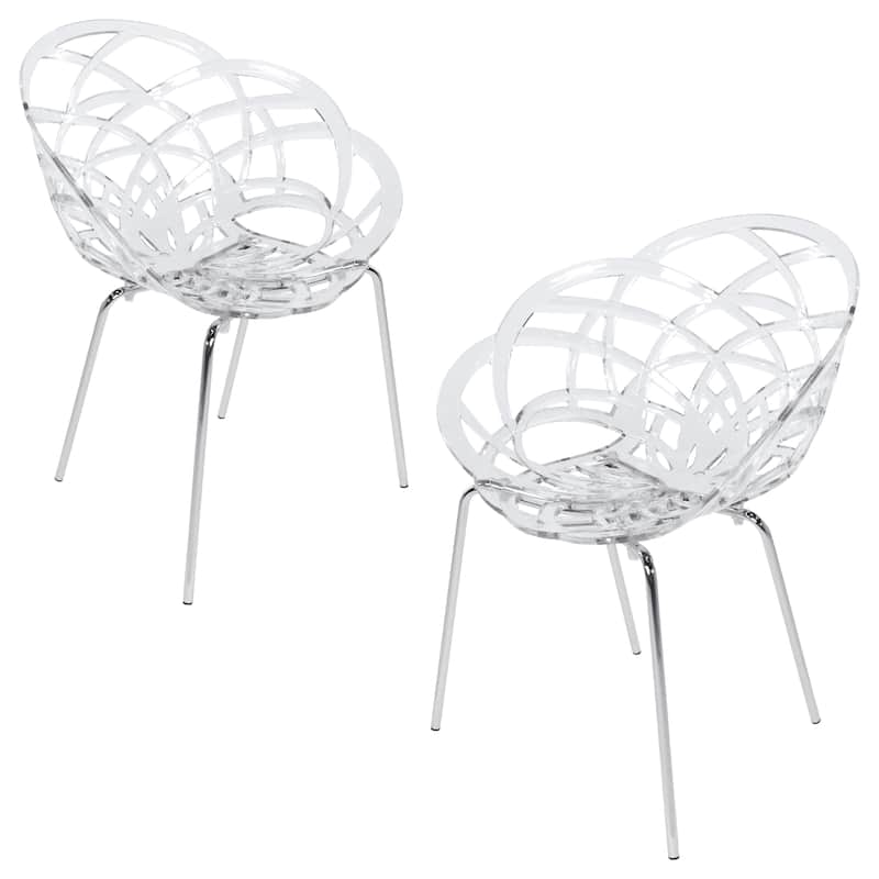 Furnish Theory Fleur-ML Stackable Dining Armchairs Arm Chairs Anti-UV Polycarbonate Shell & Chrome-Plated Steel Legs (Set of 2) - Transparent Clear Shell & Chrome-Plated Legs