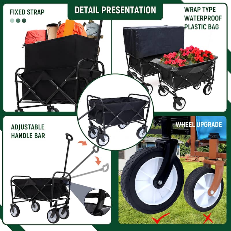 Heavy-Duty Collapsible Wagon with 3-Piece Multi-Use Bag Set - Utility Cart with Liner Covers, Black