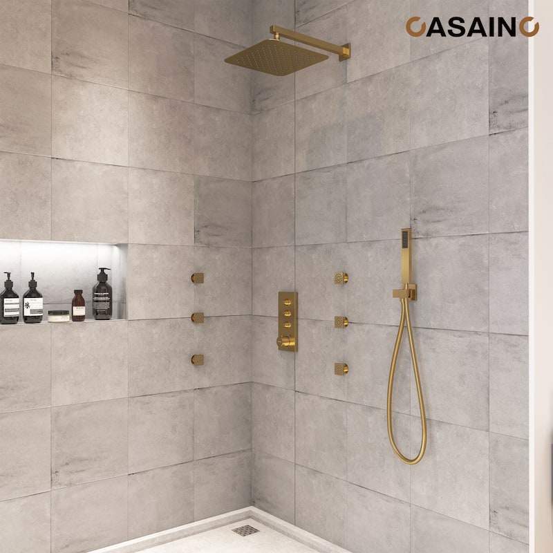 Luxury Thermostatic Shower System 1-Spray Patterns Wall Mount Fixed Shower Head and Handheld Spray with 6 Body Jets - 12" x 12"