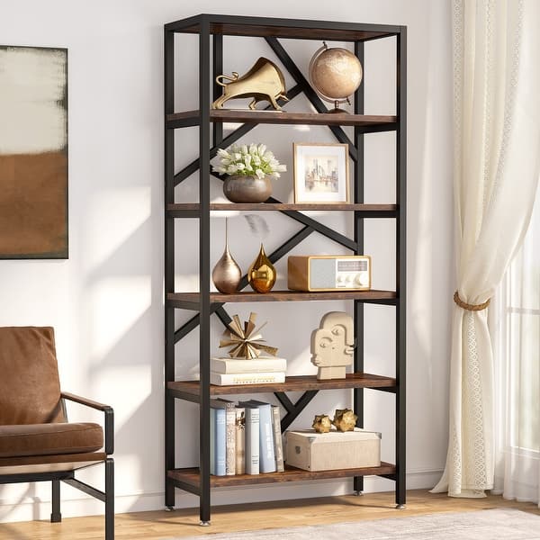 slide 2 of 7, 71 Inch Industrial Bookshelf, 6 Shelf Etagere Bookcase,Free Standing Open Book Shelves Storage Display Shelf Rustic Brown
