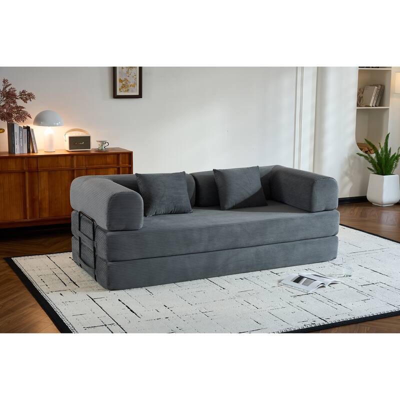 Convertible Sleeper Sofa Bed with Pillow, Corduroy Folding Mattress Couch with Fixed-Shape Frame, Floor Lounge Loveseat Sofa