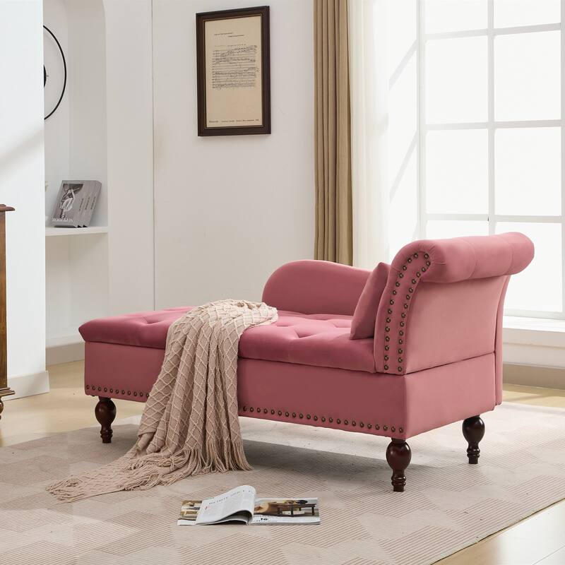 Velvet Chaise Lounge with a Storage Function, Tufted Cushions & Nailheads