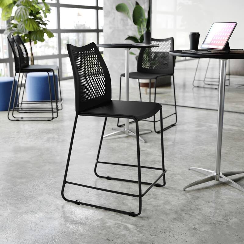 3 Pack Stackable Sled Base Counterstool with Vented Back and Integrated Footrest - 19.75"W x 22"D x 37.5"H