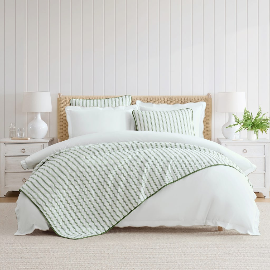 Martha Stewart Ticking Stripe Cotton Reversible Green Quilt Set