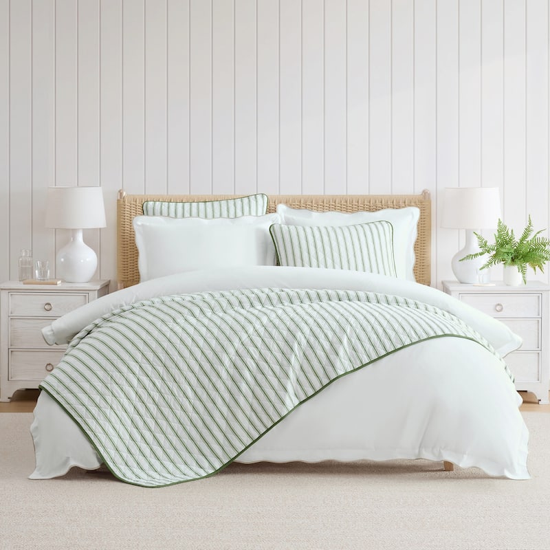Martha Stewart Ticking Stripe Cotton Reversible Green Quilt Set