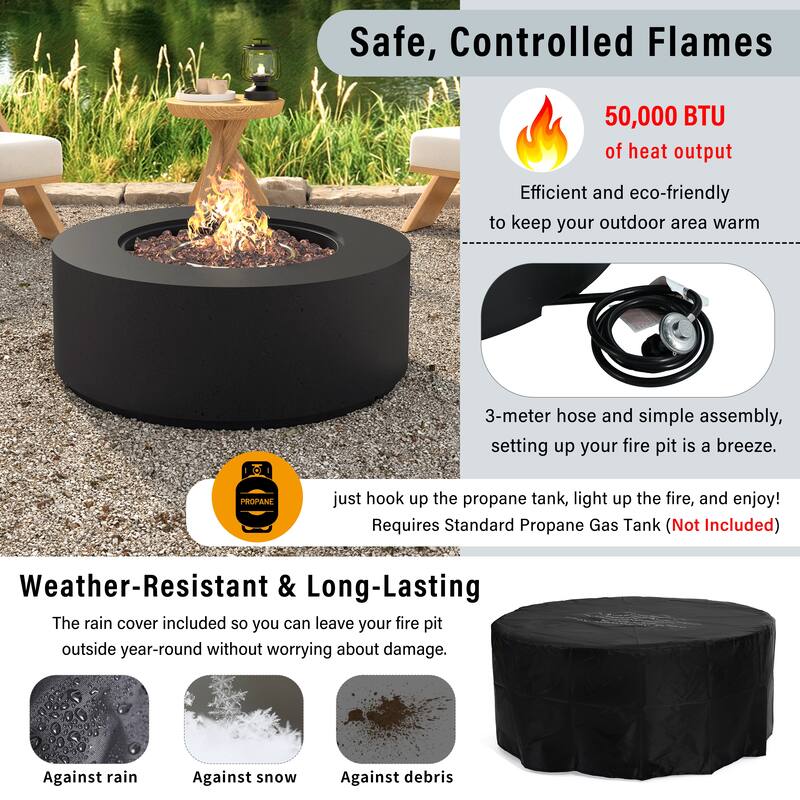 38.2" Round Outdoor Propane Fire Pit, Outside Fire Pit Table with 50000 BTU, Steel Burner, Lava Rocks, Waterproof Cover