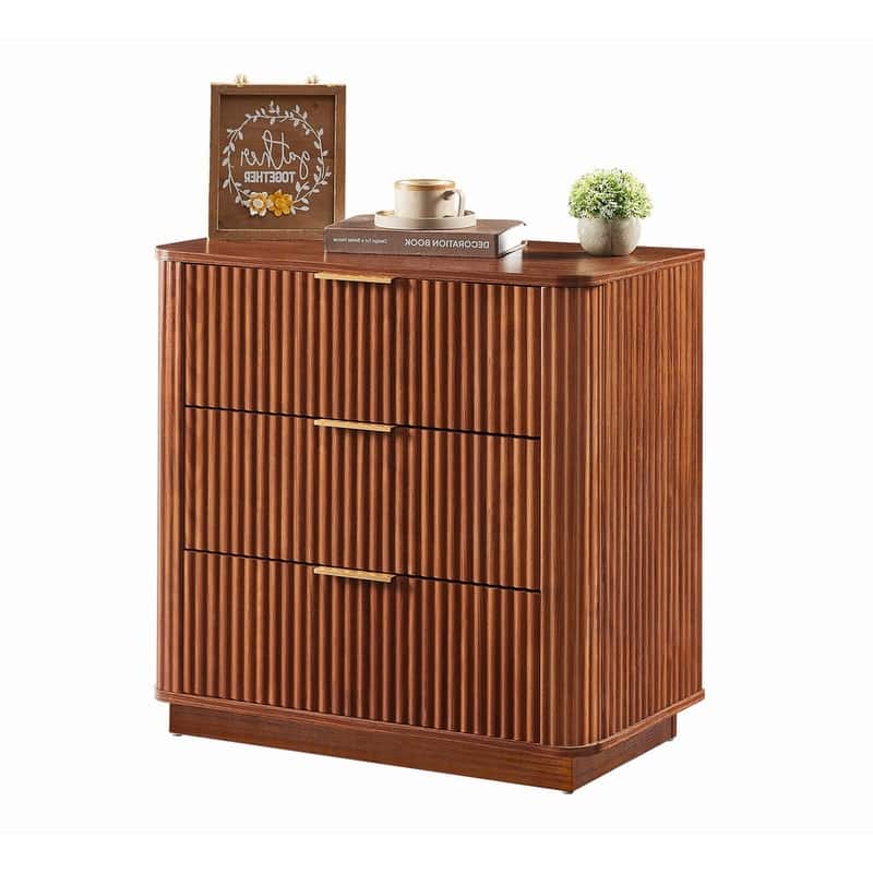 Modern Fluted 3-Drawer Dresser Nightstand with Easy Clean Waterproof Surface (Set of 2)