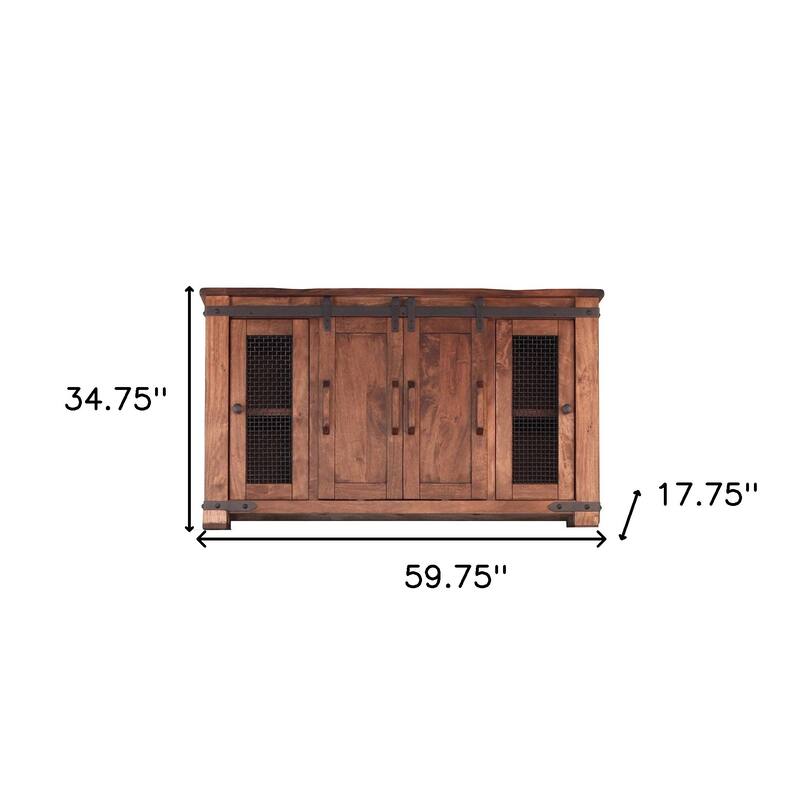 HomeRoots 60" Brown Solid Wood Cabinet Enclosed Storage Distressed TV Stand - 59.75' X '34.75' X '17.75
