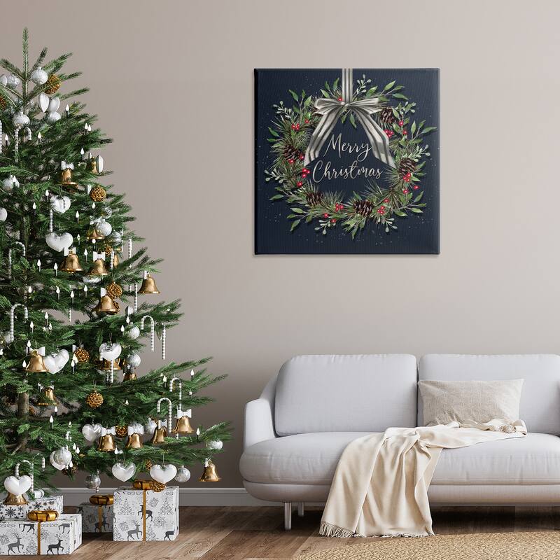 Stupell Hanging Christmas Wreath with Bow Canvas Wall Art Design By Elizabeth Tyndall
