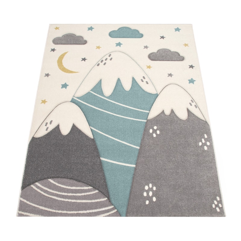 Kids Rug for Nursery Mountains Starry-Sky in Light Blue Cream Pastel