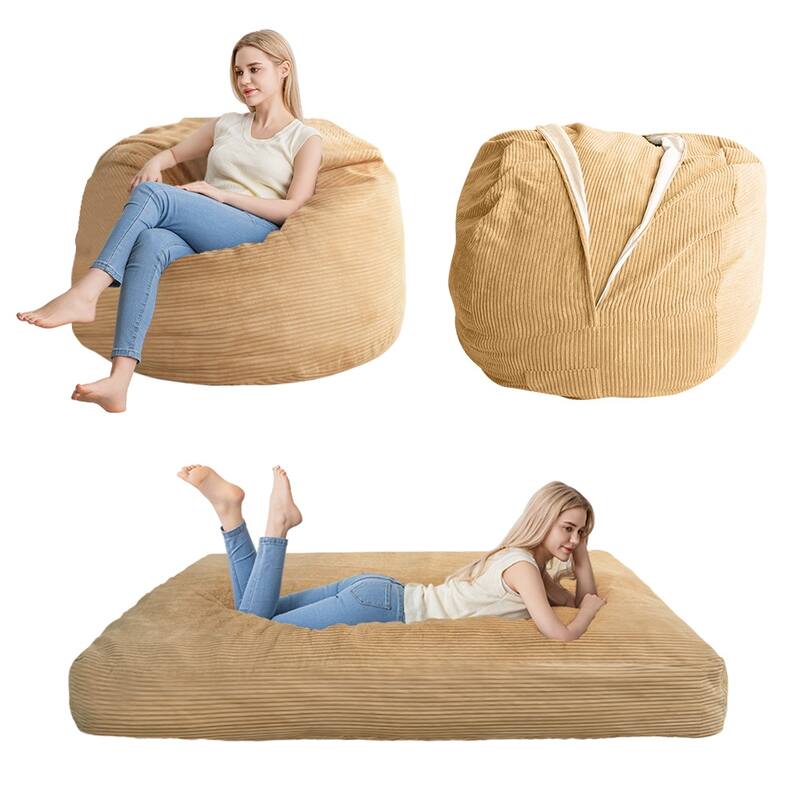 Giant Bean Bag, Corduroy Convertible Beanbag Folds from Lazy Chair to Floor Mattress Bed - Cream - Medium