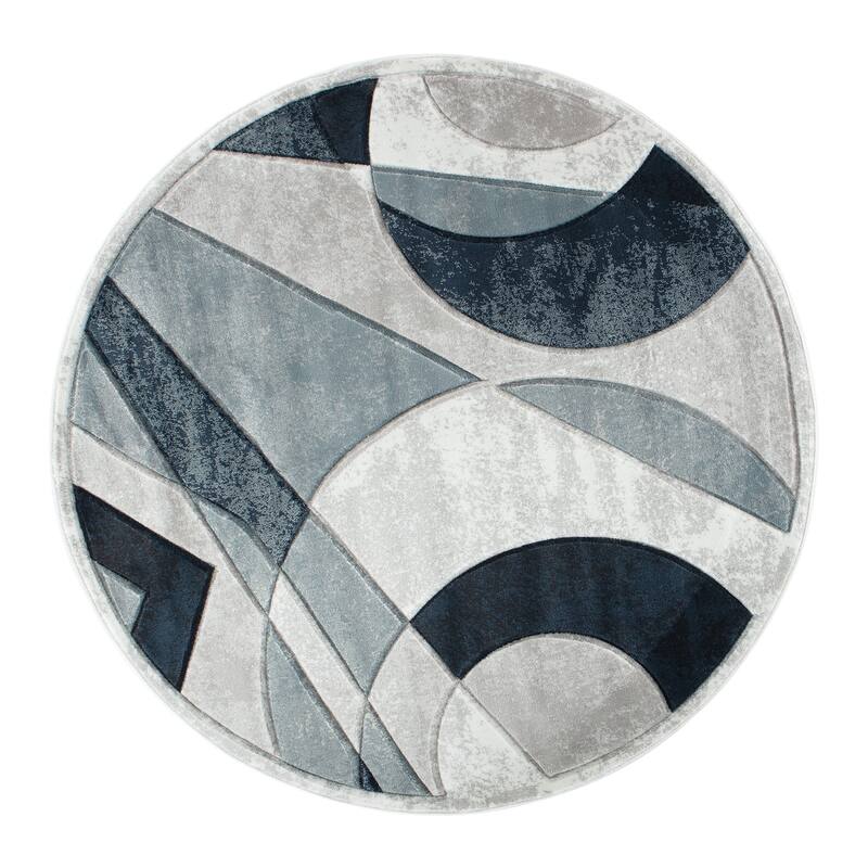 Orelsi Collection Abstract Area Rug with Hand Carved Accents - 8'1'' Round - Grey/Black